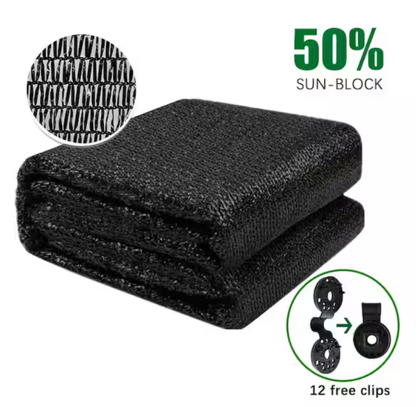 50% 6 ft. X 12 ft.  Sunblock Shade Cloth Cover Cut Edge with Clips , Black
